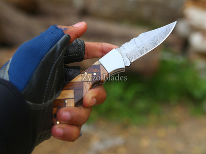 Handmade Damascus Pocket Knife Olive Wood Handle