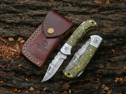 Handmade Damascus Pocket Folding Knife Pakka Wood Handle