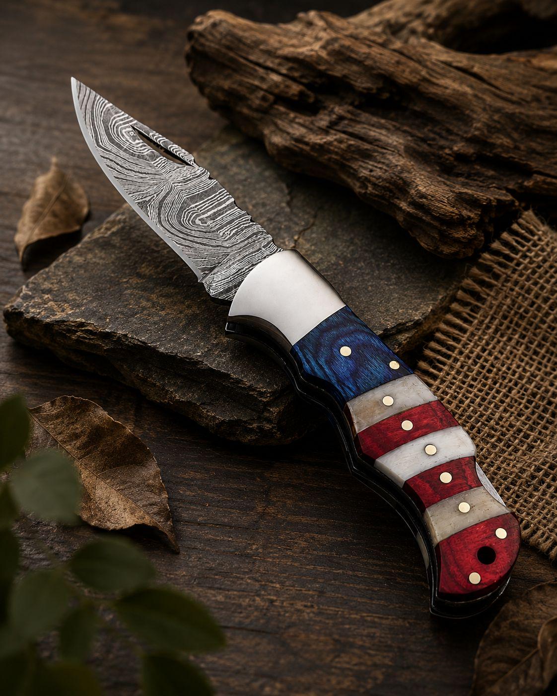 American Flag Handle Damascus Steel Folding Pocket Knife - Personalized EDC - Fully Handmade