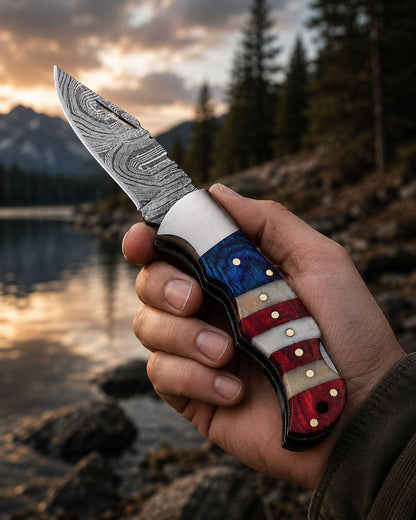 American Flag Handle Damascus Steel Folding Pocket Knife - Personalized EDC - Fully Handmade