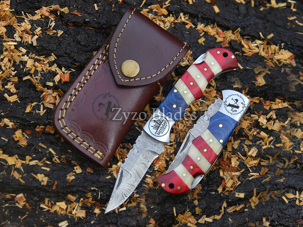 American Flag Handle Damascus Steel Folding Pocket Knife - Personalized EDC - Fully Handmade