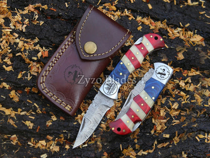 American Flag Handle Damascus Steel Folding Pocket Knife - Personalized EDC - Fully Handmade