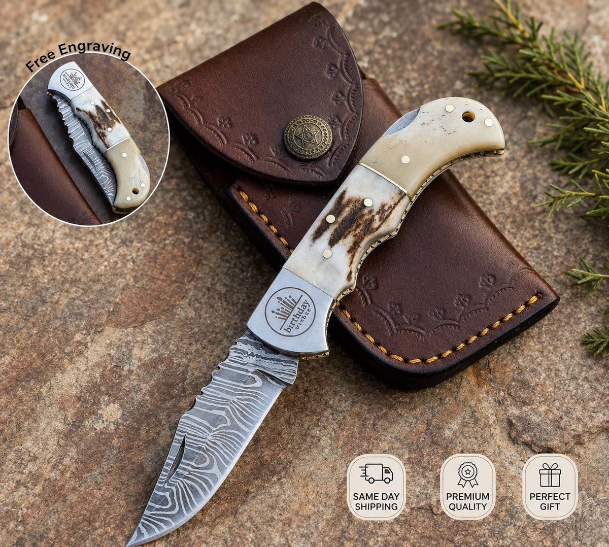 Stag Handle and Camel Bone - Personalized Folding Pocket Knife - Handcrafted EDC Knife for Gifts