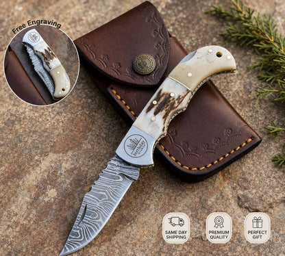 Stag Handle and Camel Bone - Personalized Folding Pocket Knife - Handcrafted EDC Knife for Gifts