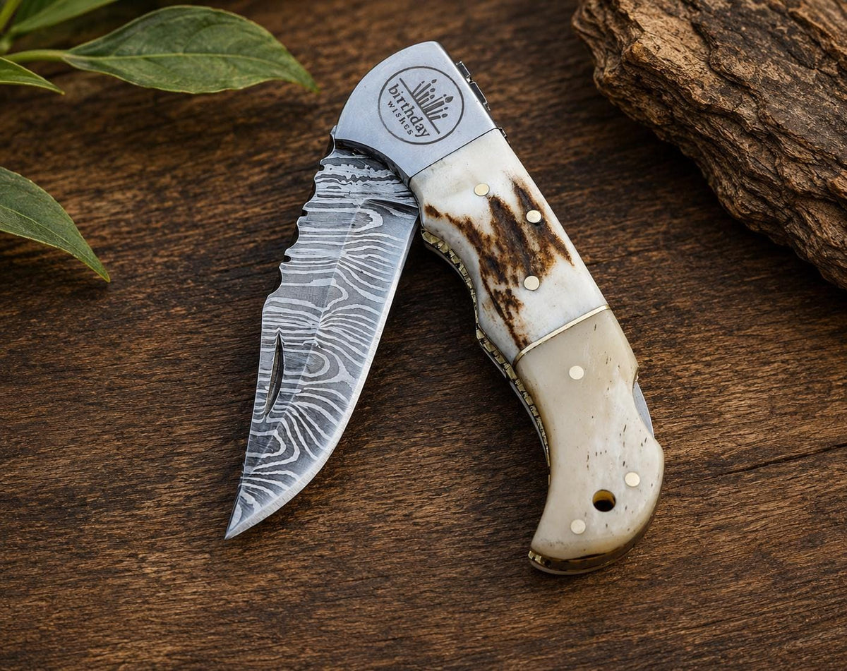 Stag Handle and Camel Bone - Personalized Folding Pocket Knife - Handcrafted EDC Knife for Gifts