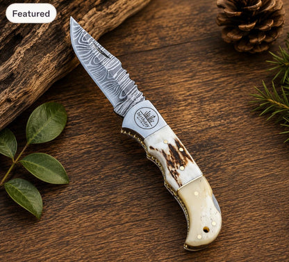 Stag Handle and Camel Bone - Personalized Folding Pocket Knife - Handcrafted EDC Knife for Gifts