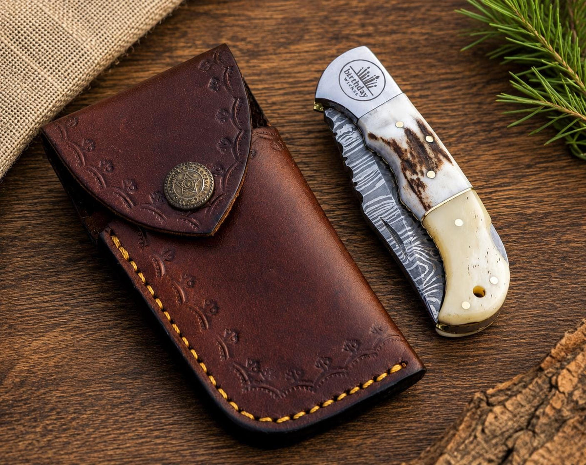 Stag Handle and Camel Bone - Personalized Folding Pocket Knife - Handcrafted EDC Knife for Gifts