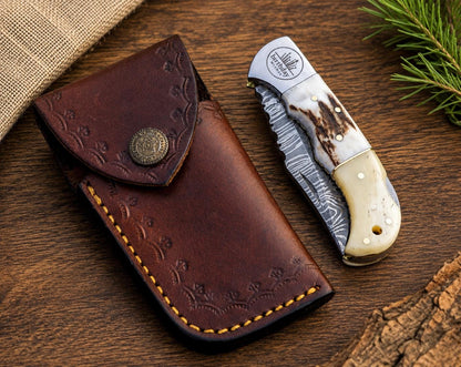 Stag Handle and Camel Bone - Personalized Folding Pocket Knife - Handcrafted EDC Knife for Gifts