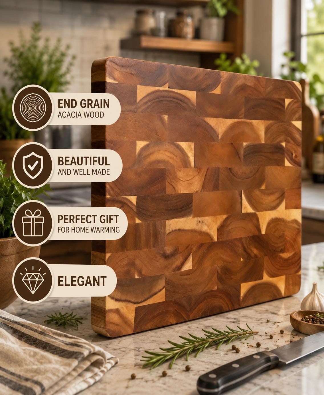 Personalized End Grain Acacia Wood Cutting Board – Double-Sided Chopping Block(13.4" M)