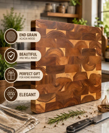 Personalized End Grain Acacia Wood Cutting Board – Double-Sided Chopping Block(13.4" M)