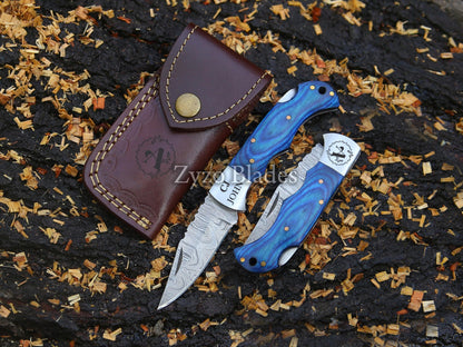 Personalized Handcrafted Damascus Steel Folding Pocket Knife with Green/Blue Wood Handle