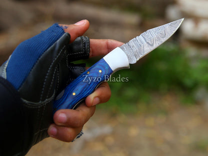 Personalized Handcrafted Damascus Steel Folding Pocket Knife with Green/Blue Wood Handle
