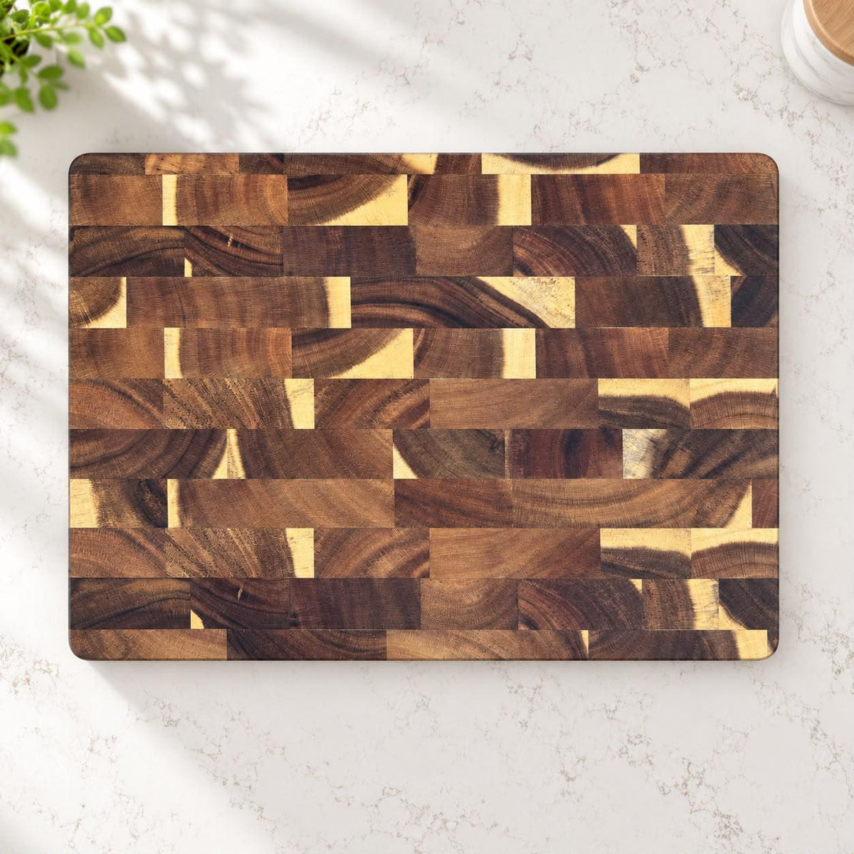 Personalized End Grain Acacia Wood Cutting Board – Non Slip Rubber Feet - Chopping Block (13.4" M)