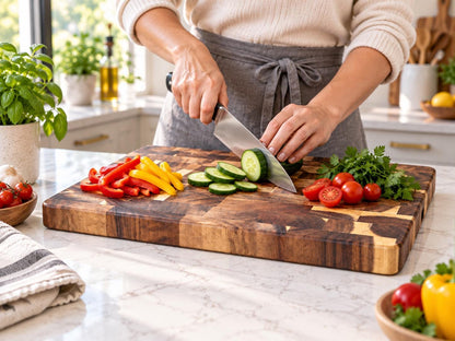 Personalized End Grain Acacia Wood Cutting Board – Non Slip Rubber Feet - Chopping Block (13.4" M)