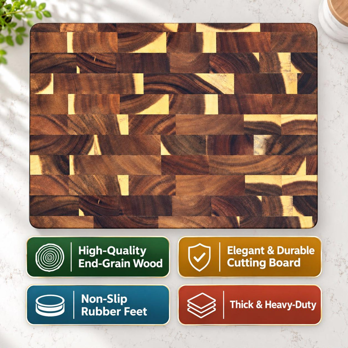 Personalized End Grain Acacia Wood Cutting Board – Non Slip Rubber Feet - Chopping Block (13.4" M)