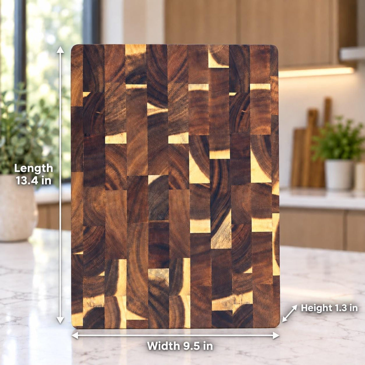 Personalized End Grain Acacia Wood Cutting Board – Non Slip Rubber Feet - Chopping Block (13.4" M)