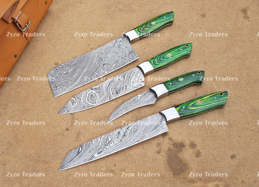 Chef Knives Set 4 pcs , Handmade Damascus Steel Kitchen Knives , Groomsmen Wedding Birthday Anniversary Gift Thanksgiving Christmas Gifts