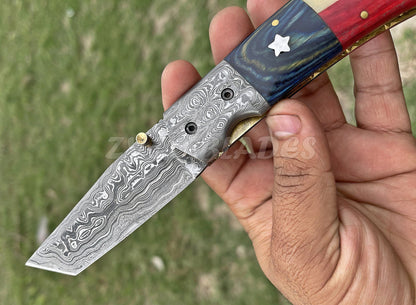 Damascus Pocket Folding Knife - Tanto Style