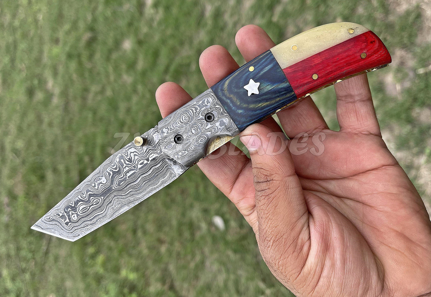 Damascus Pocket Folding Knife - Tanto Style