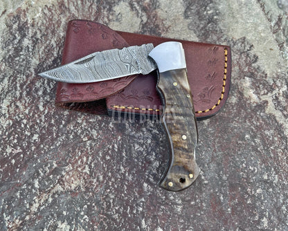 Damascus Steel Pocket Folding Knife Ram Horn Handle