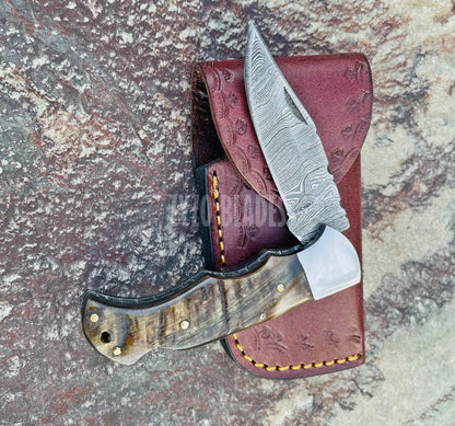 Damascus Steel Pocket Folding Knife Ram Horn Handle