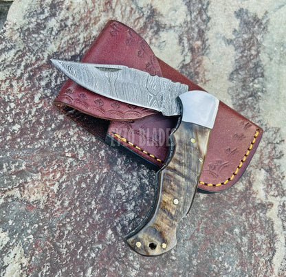 Damascus Steel Pocket Folding Knife Ram Horn Handle