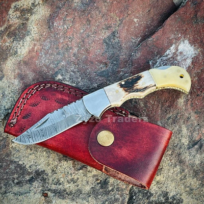 Custom Handmade Damascus Steel Pocket Folding Knife