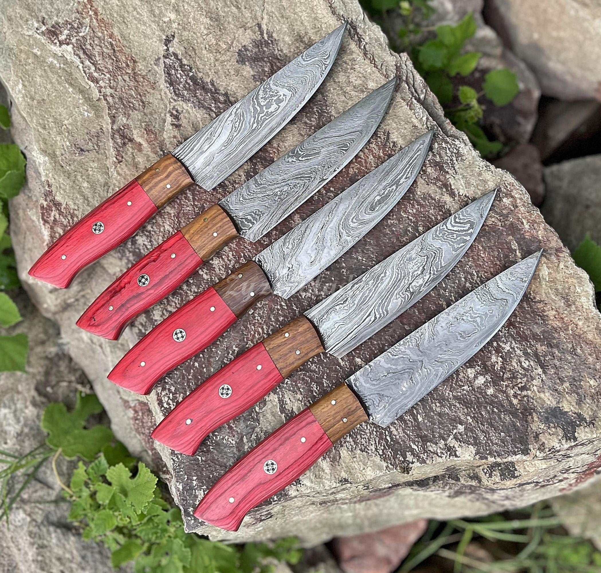 Damascus Steel Steak Knife Set 4 hot Pcs Unique Handles Sharp Edge Blades / Free Leather Roll / Best Gift Item, Wedding gift, Christmas Gif