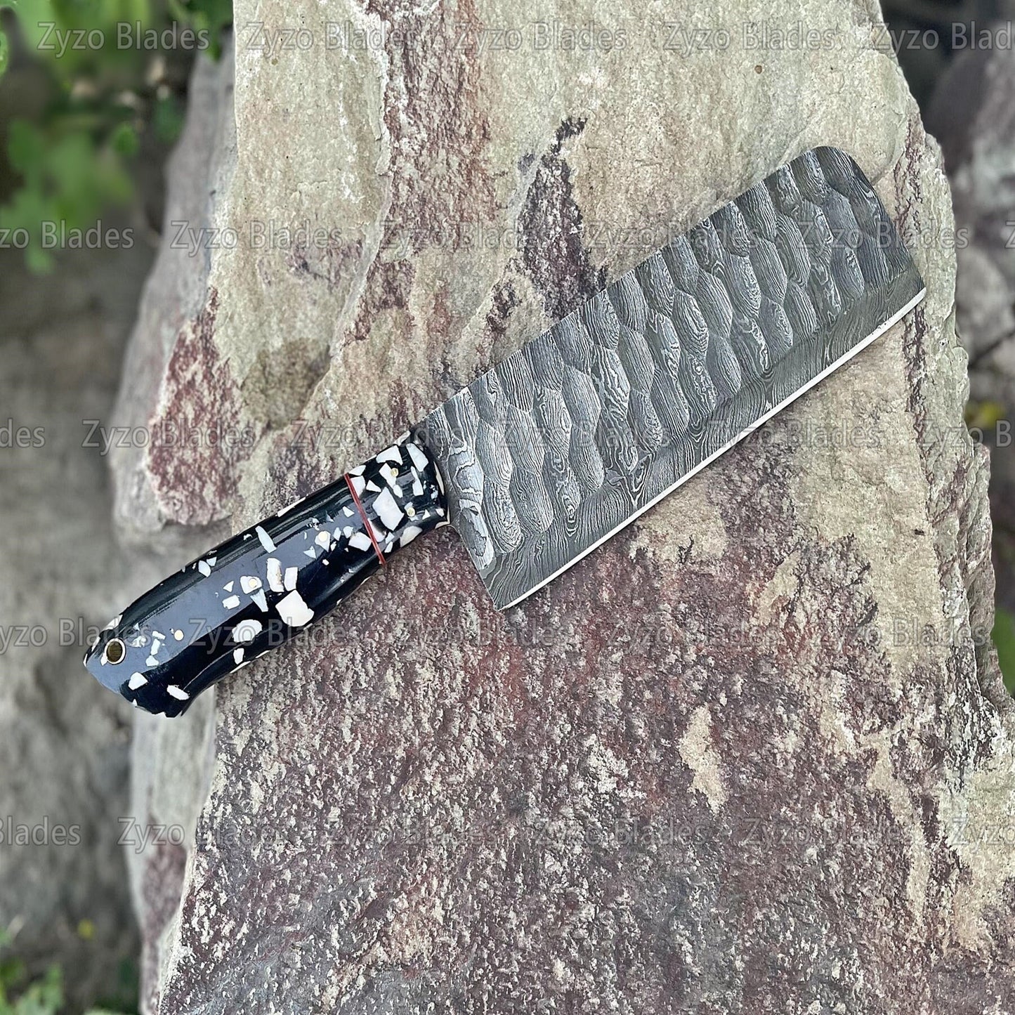 Damascus Steel Cleaver With Unique Black Marble Texture Handle