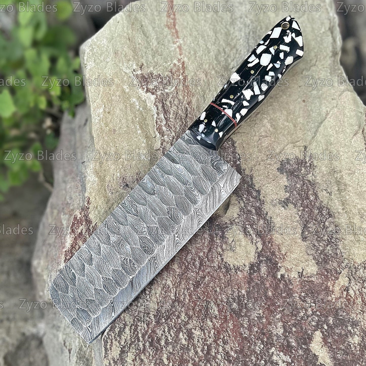 Damascus Steel Cleaver With Unique Black Marble Texture Handle