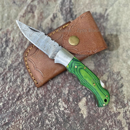 Damascus Steel Pocket Folding Knife Green Pkka Wood Handle