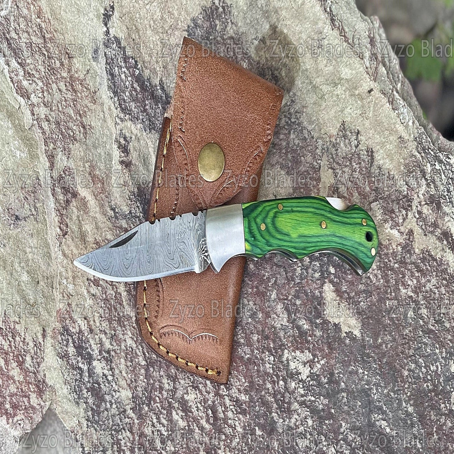 Damascus Steel Pocket Folding Knife Green Pkka Wood Handle