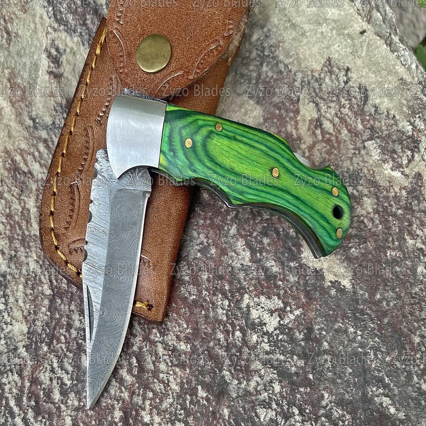 Damascus Steel Pocket Folding Knife Green Pkka Wood Handle