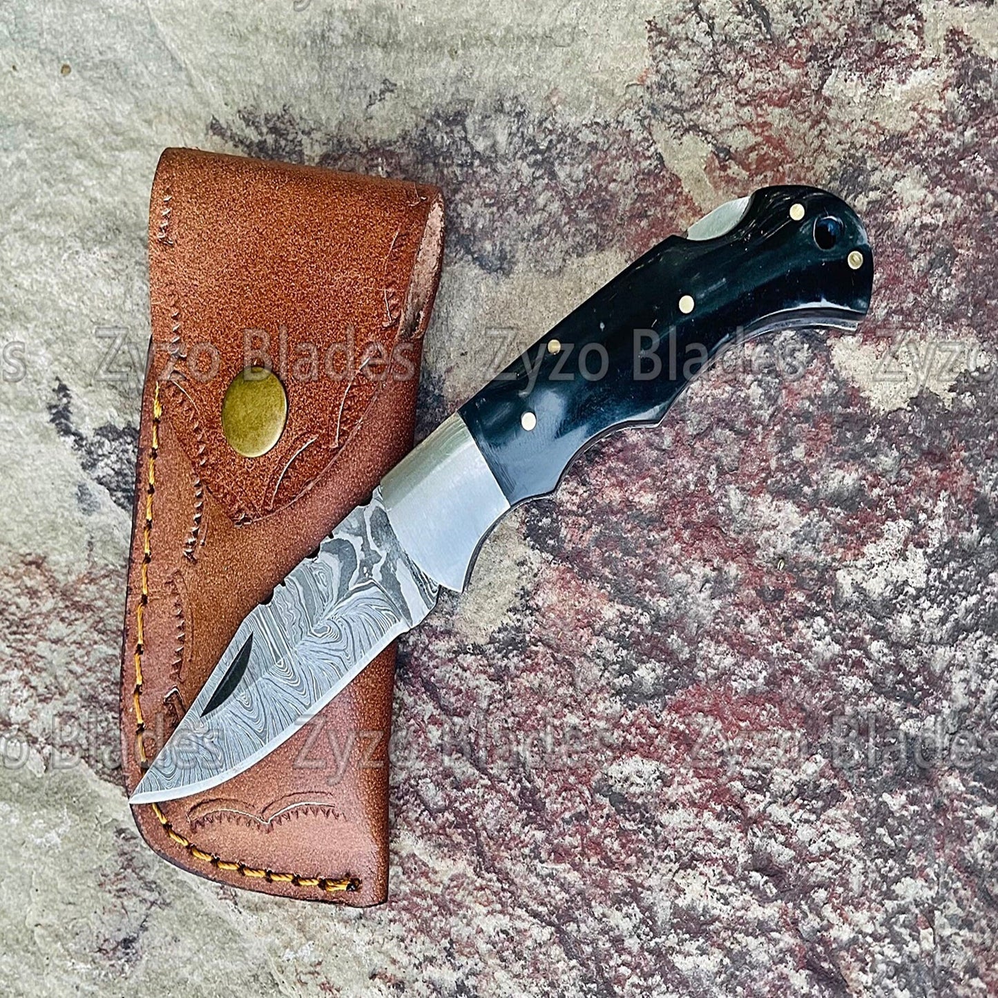 Damascus Steel Pocket Folding Knife Buffalo Horn Handle