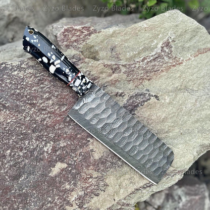 Damascus Steel Cleaver With Unique Black Marble Texture Handle