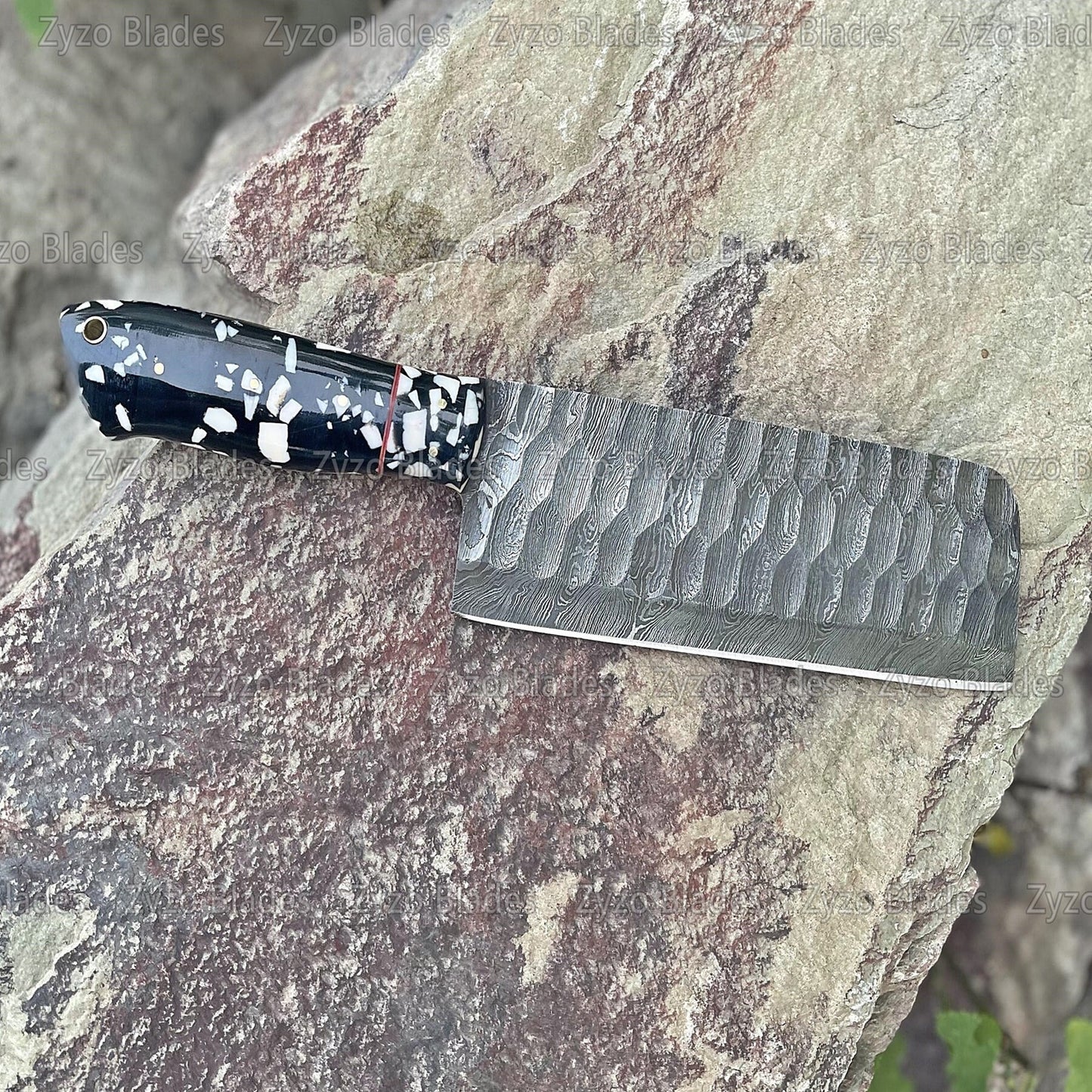 Damascus Steel Cleaver With Unique Black Marble Texture Handle