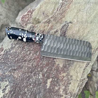 Damascus Steel Cleaver With Unique Black Marble Texture Handle