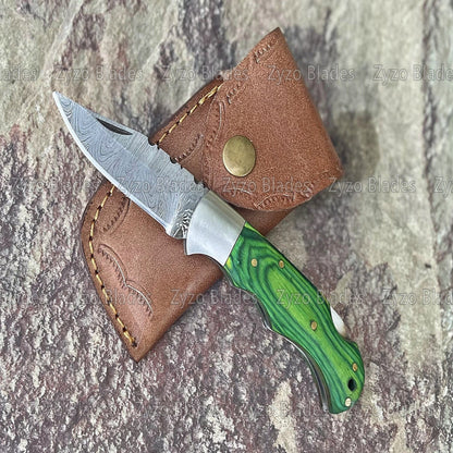 Damascus Steel Pocket Folding Knife Green Pkka Wood Handle