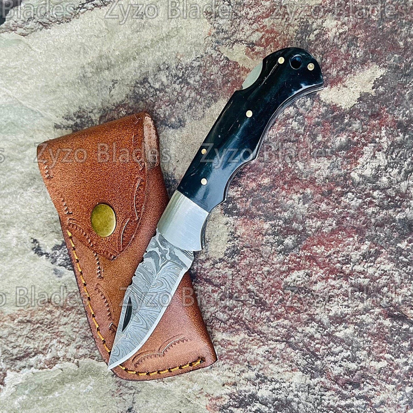 Damascus Steel Pocket Folding Knife Buffalo Horn Handle