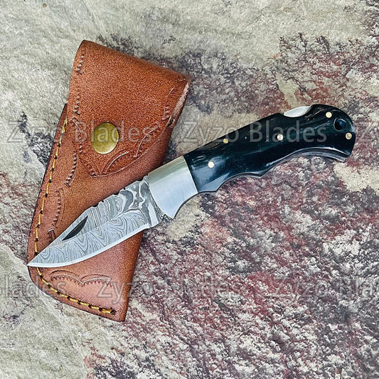 Damascus Steel Pocket Folding Knife Buffalo Horn Handle